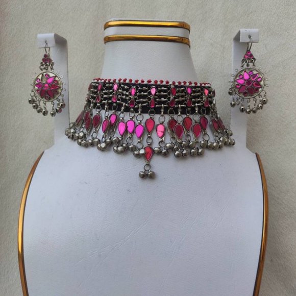 Pink beaded choker set -handmade afghani necklace and earrings set - Picture 3 of 10